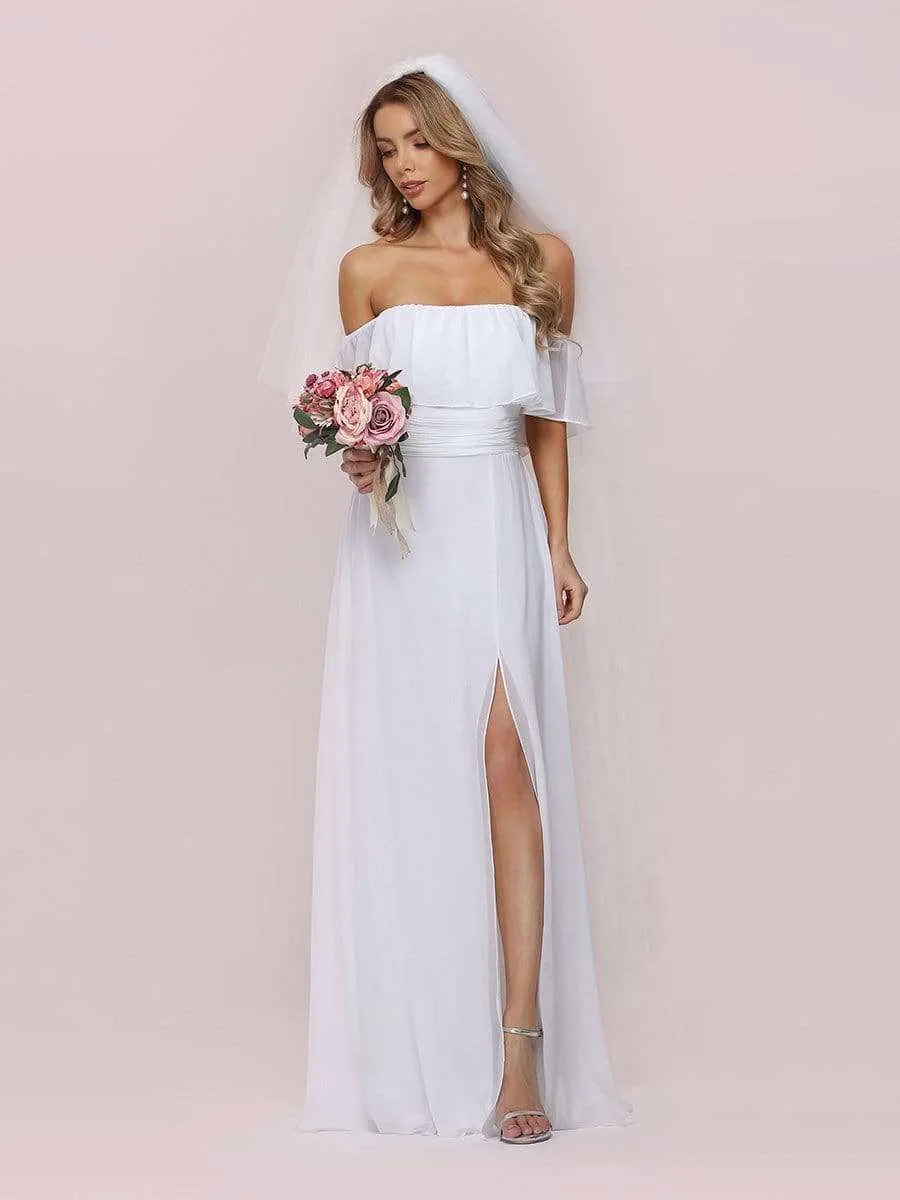 Angelina off shoulder beach wedding dress with slit in white