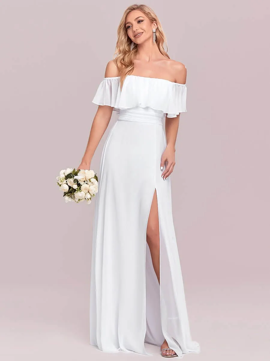 Angelina off shoulder beach wedding dress with slit in white