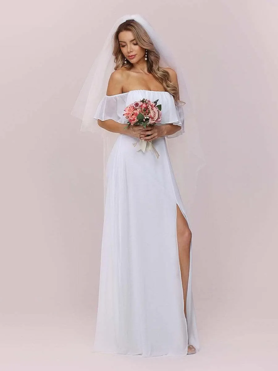 Angelina off shoulder beach wedding dress with slit in white