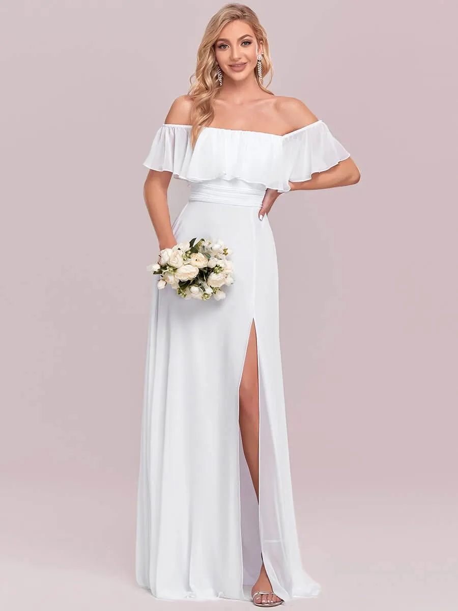 Angelina off shoulder beach wedding dress with slit in white