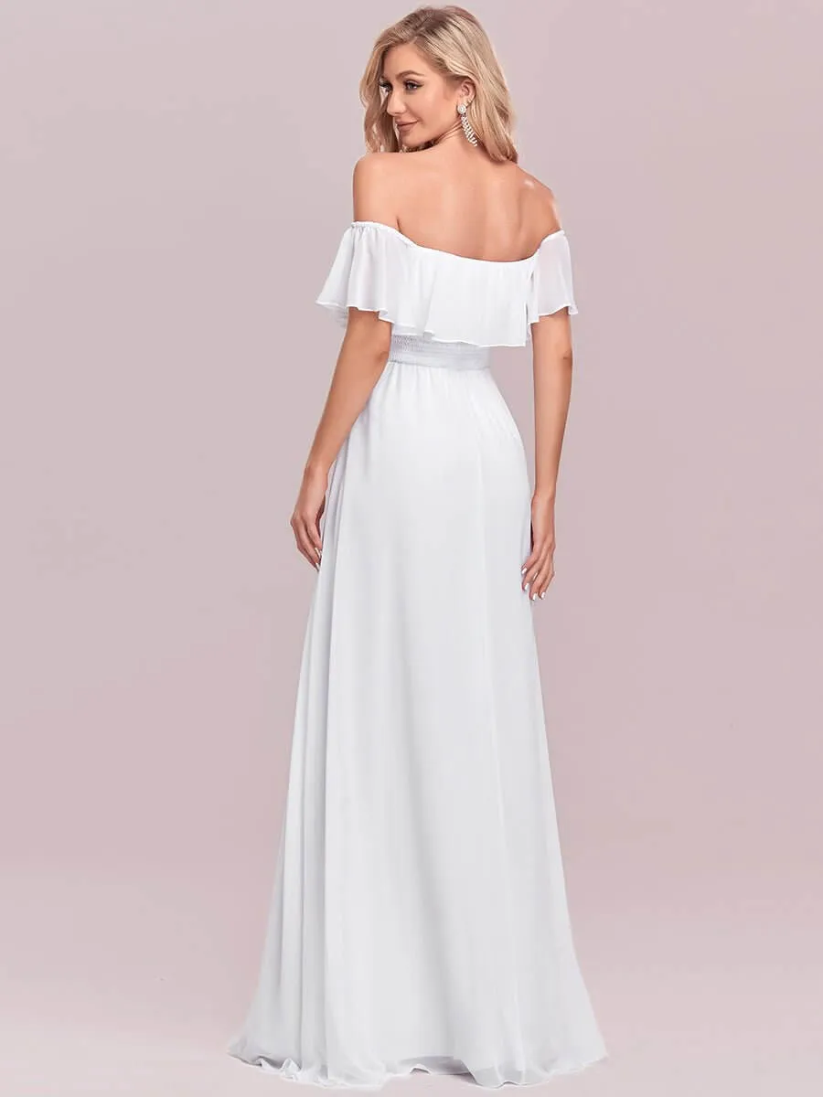 Angelina off shoulder beach wedding dress with slit in white