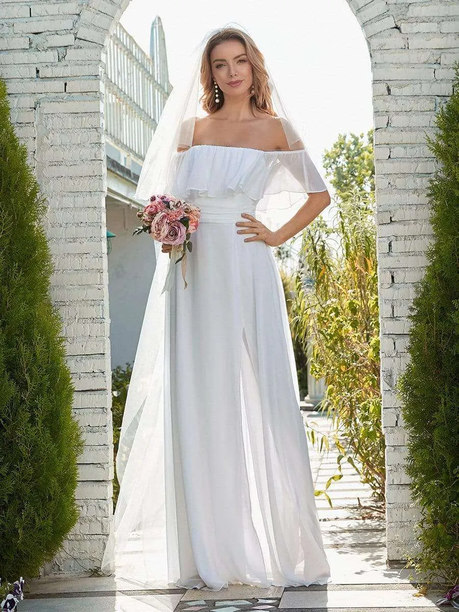 Angelina off shoulder beach wedding dress with slit in white