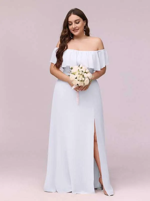 Angelina off shoulder beach wedding dress with slit in white