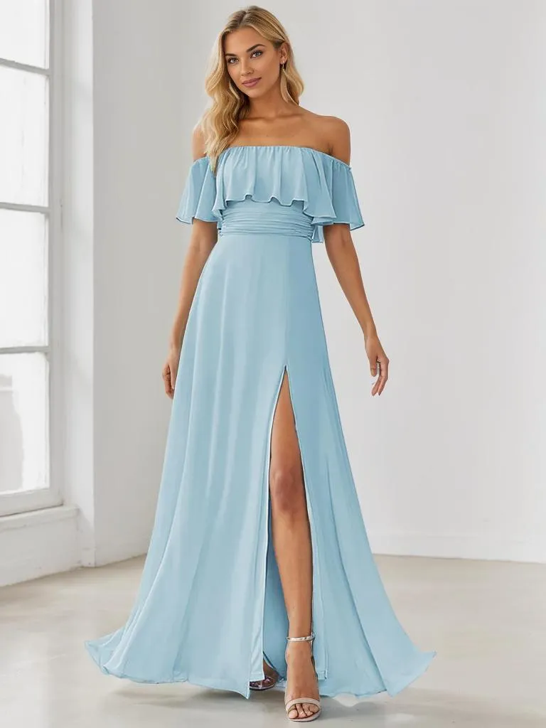 Angelina off shoulder bridesmaid dress with split