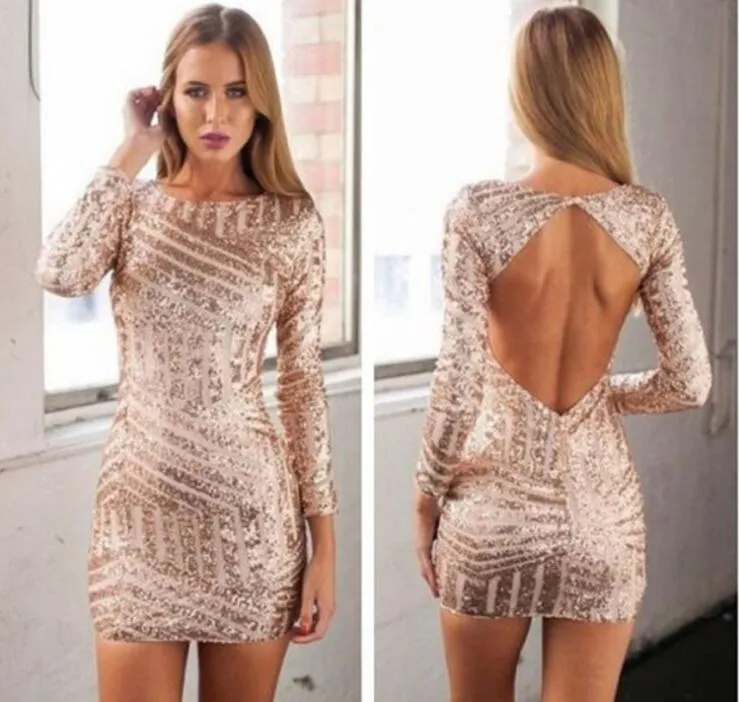 Anneprom Rose Gold Sequins Homecoming Dresses,Long Sleeves Open Back Homecoming Dresses,Sexy Mini Prom Dresses,Short Club Dresses APH0050