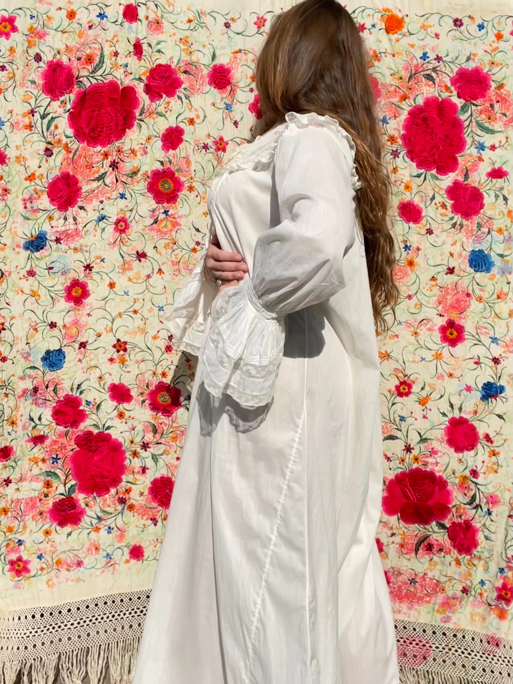 Antique Turn Of The Century  Poet Sleeve Fine Cotton & Lace Troussea Gown