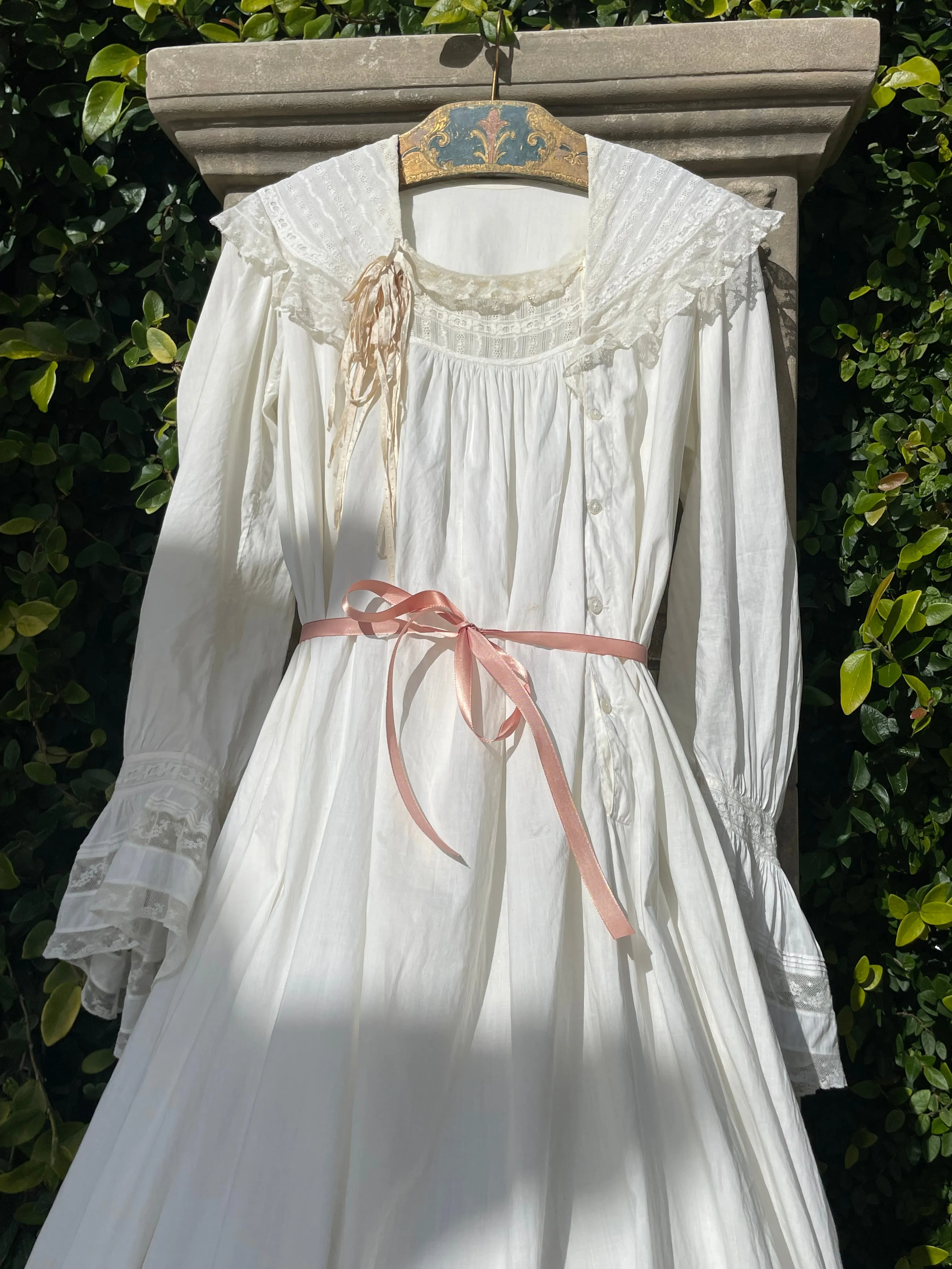 Antique Turn Of The Century  Poet Sleeve Fine Cotton & Lace Troussea Gown
