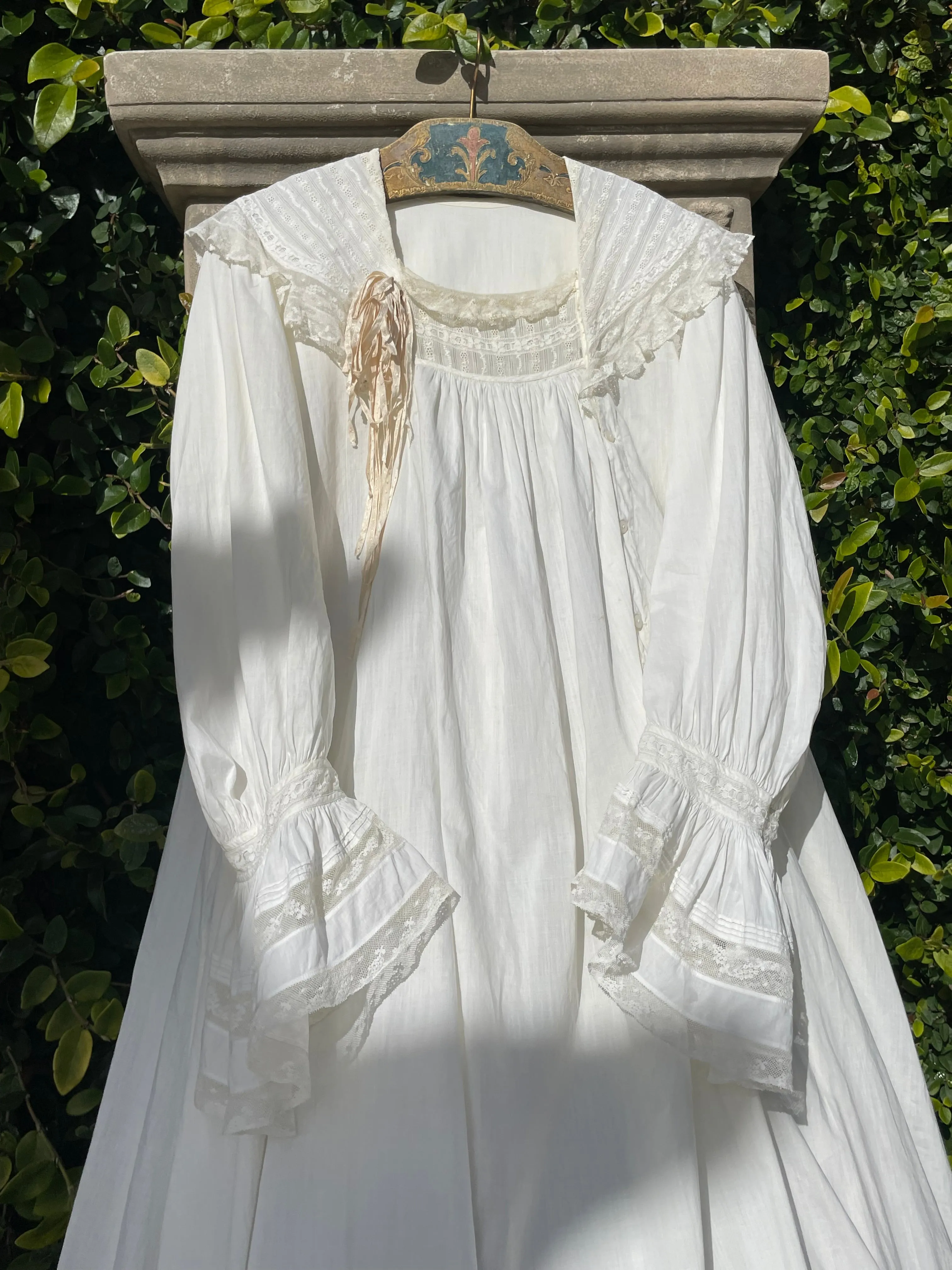 Antique Turn Of The Century  Poet Sleeve Fine Cotton & Lace Troussea Gown