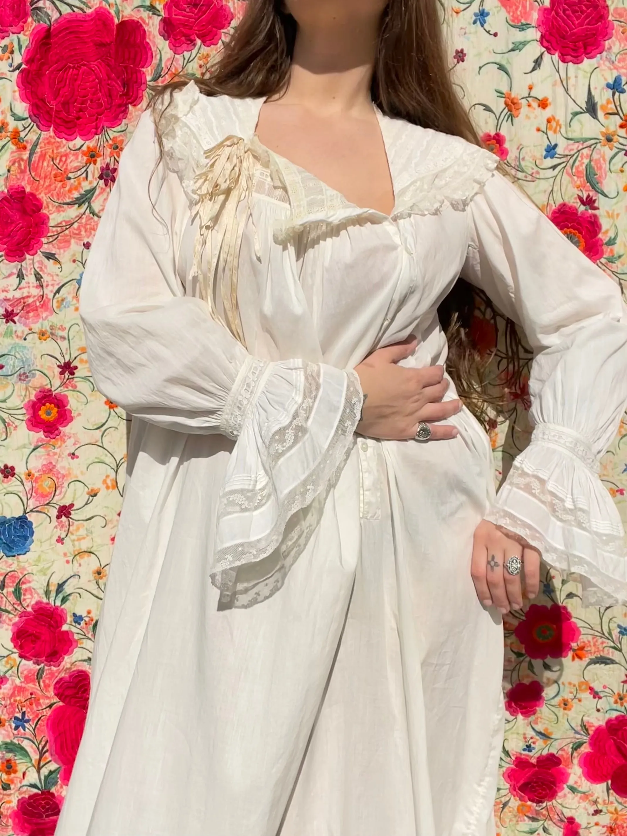 Antique Turn Of The Century  Poet Sleeve Fine Cotton & Lace Troussea Gown