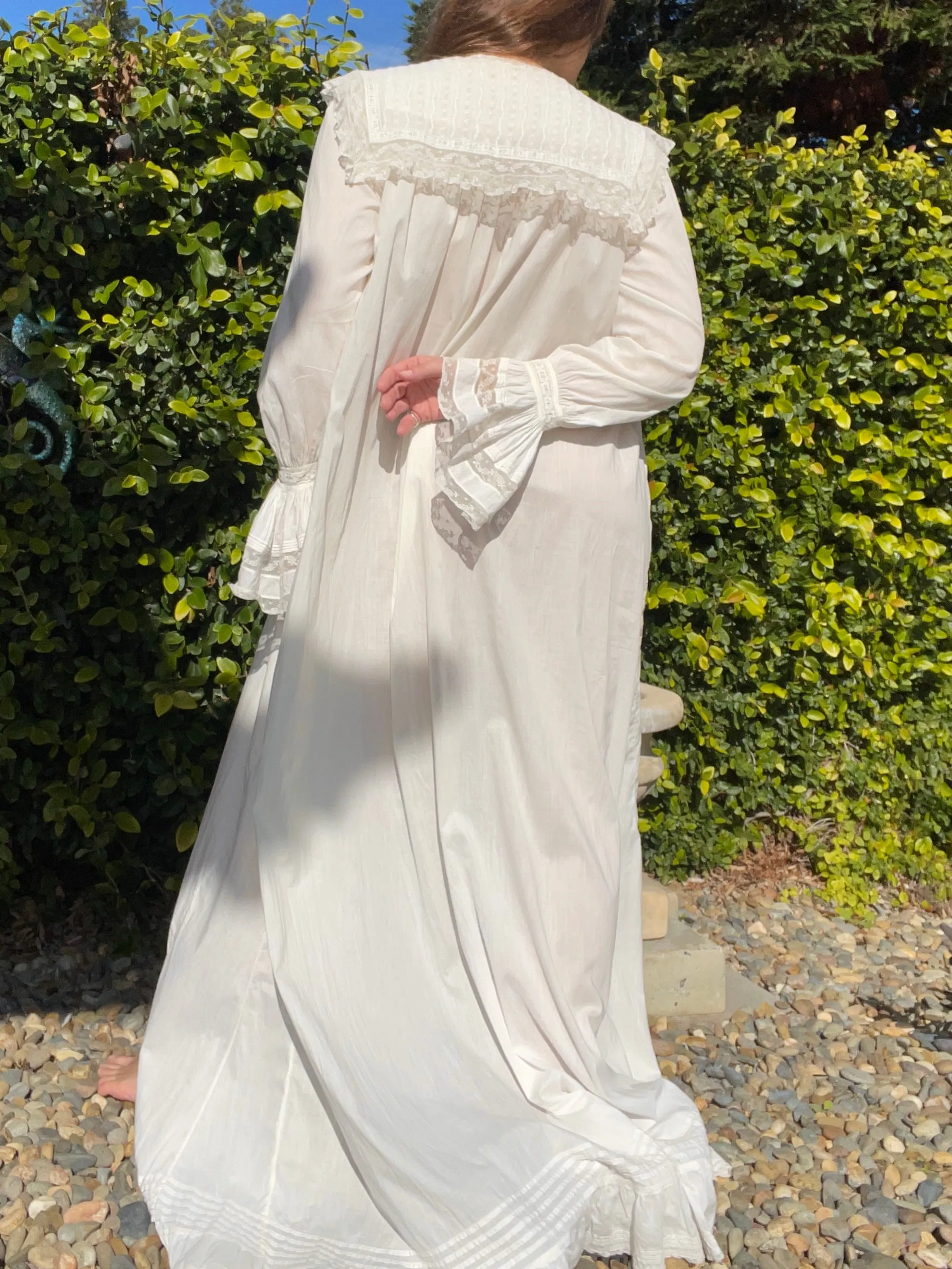 Antique Turn Of The Century  Poet Sleeve Fine Cotton & Lace Troussea Gown