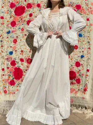 Antique Turn Of The Century  Poet Sleeve Fine Cotton & Lace Troussea Gown