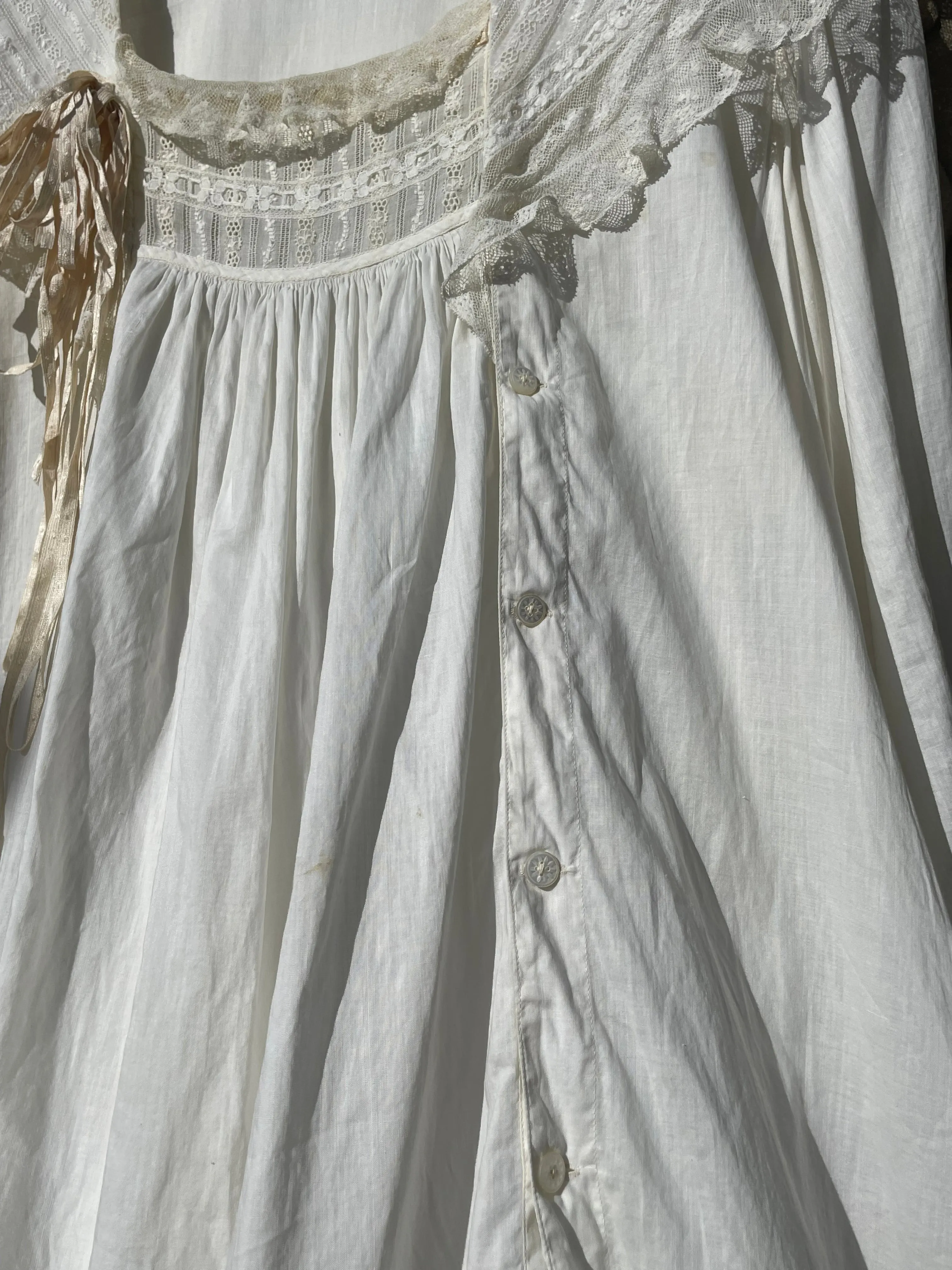 Antique Turn Of The Century  Poet Sleeve Fine Cotton & Lace Troussea Gown