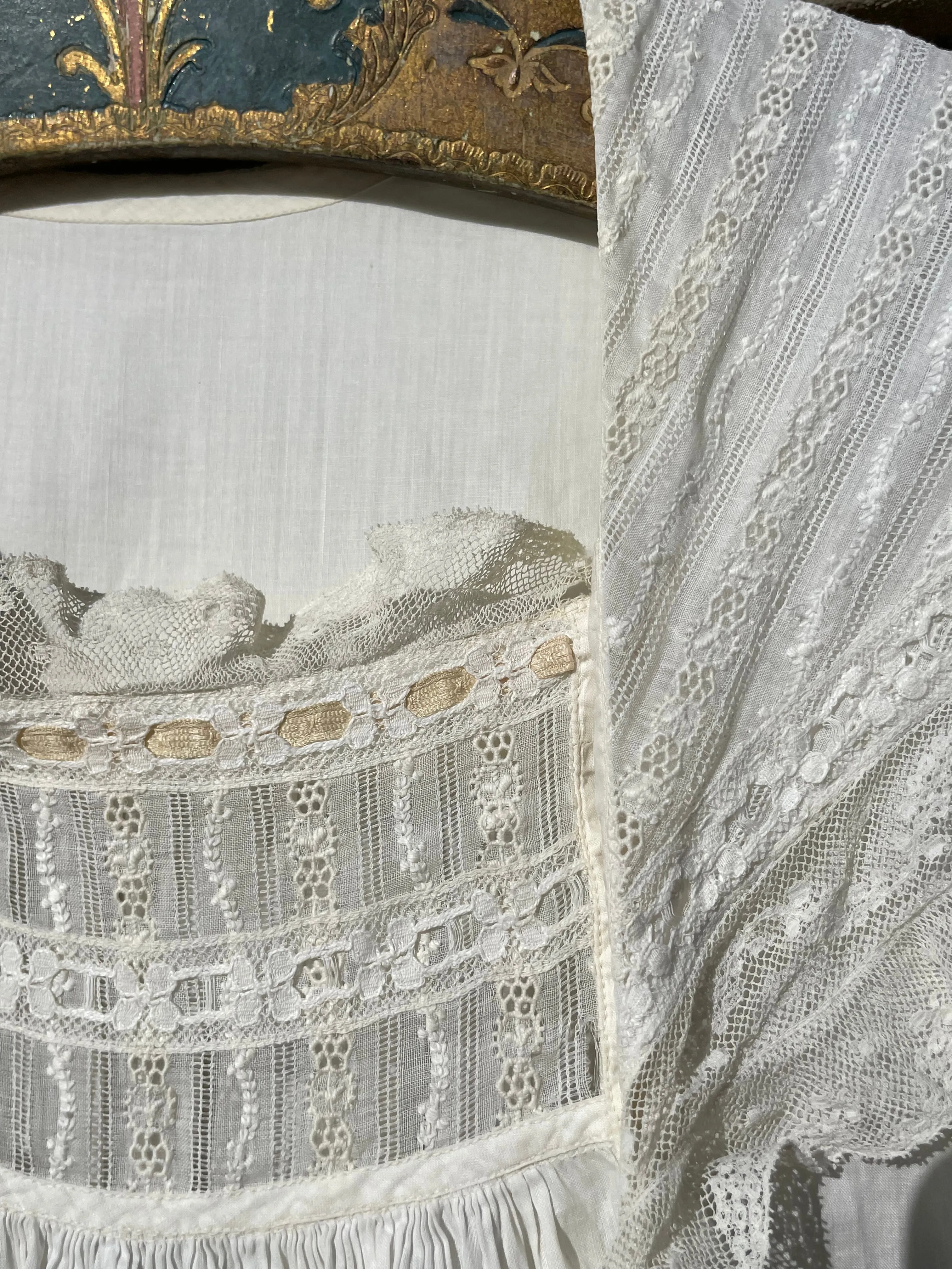 Antique Turn Of The Century  Poet Sleeve Fine Cotton & Lace Troussea Gown