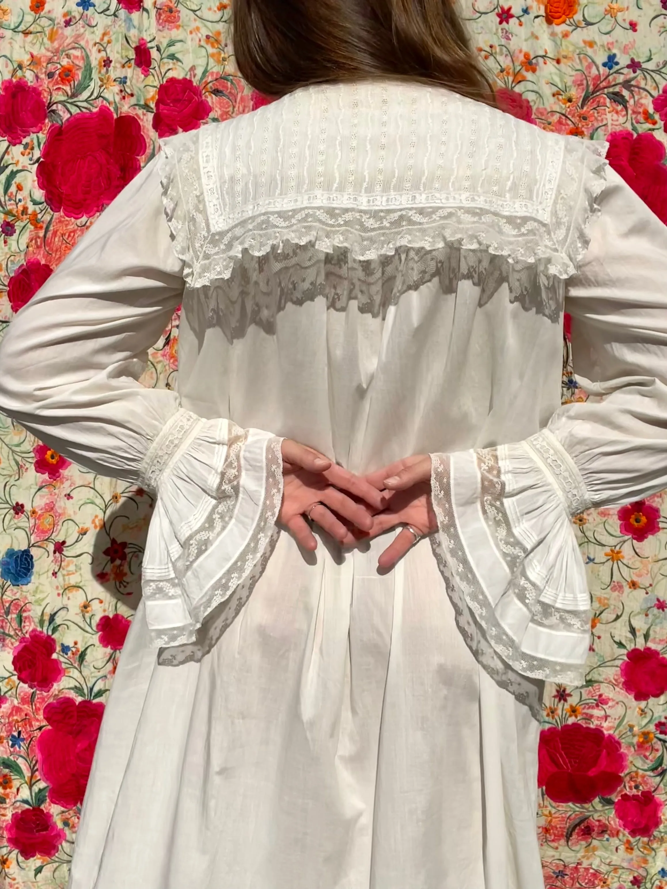 Antique Turn Of The Century  Poet Sleeve Fine Cotton & Lace Troussea Gown