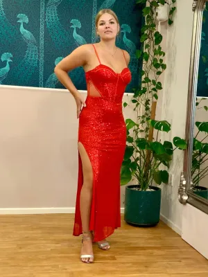 Ariel sequin red ball dress with split and tie up back Express NZ wide