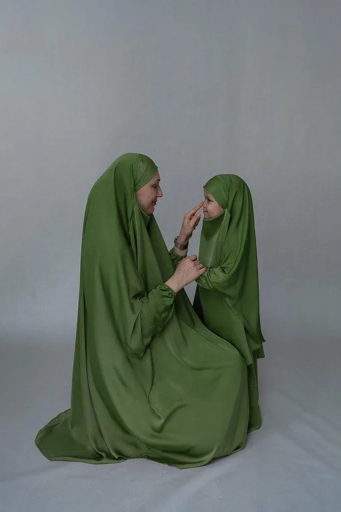 Army Green KIDS prayer gown from "Mommy and me prayer khimar collection