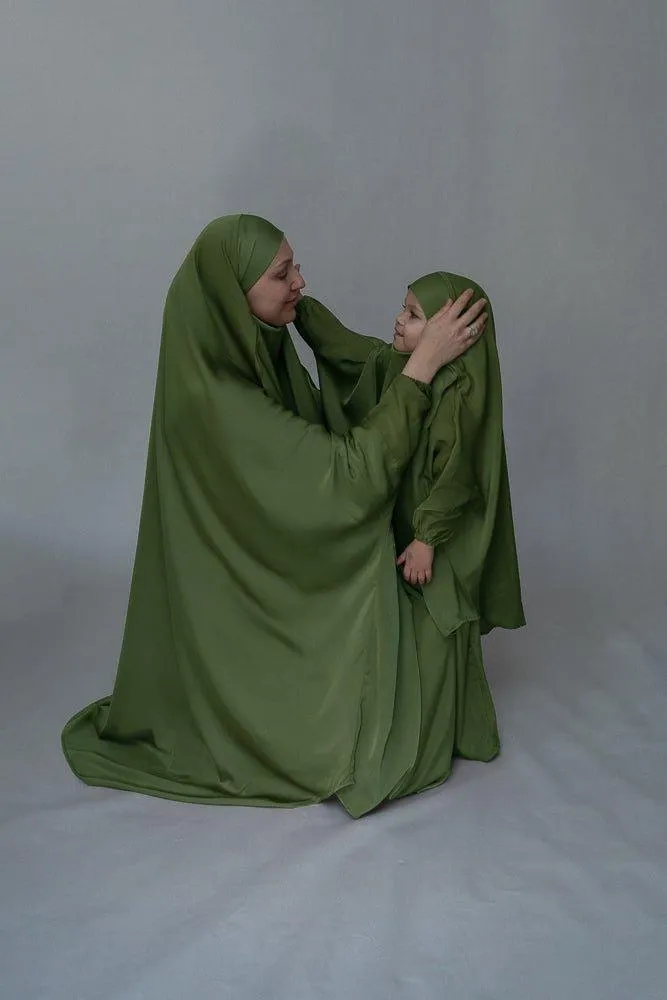 Army Green KIDS prayer gown from "Mommy and me prayer khimar collection