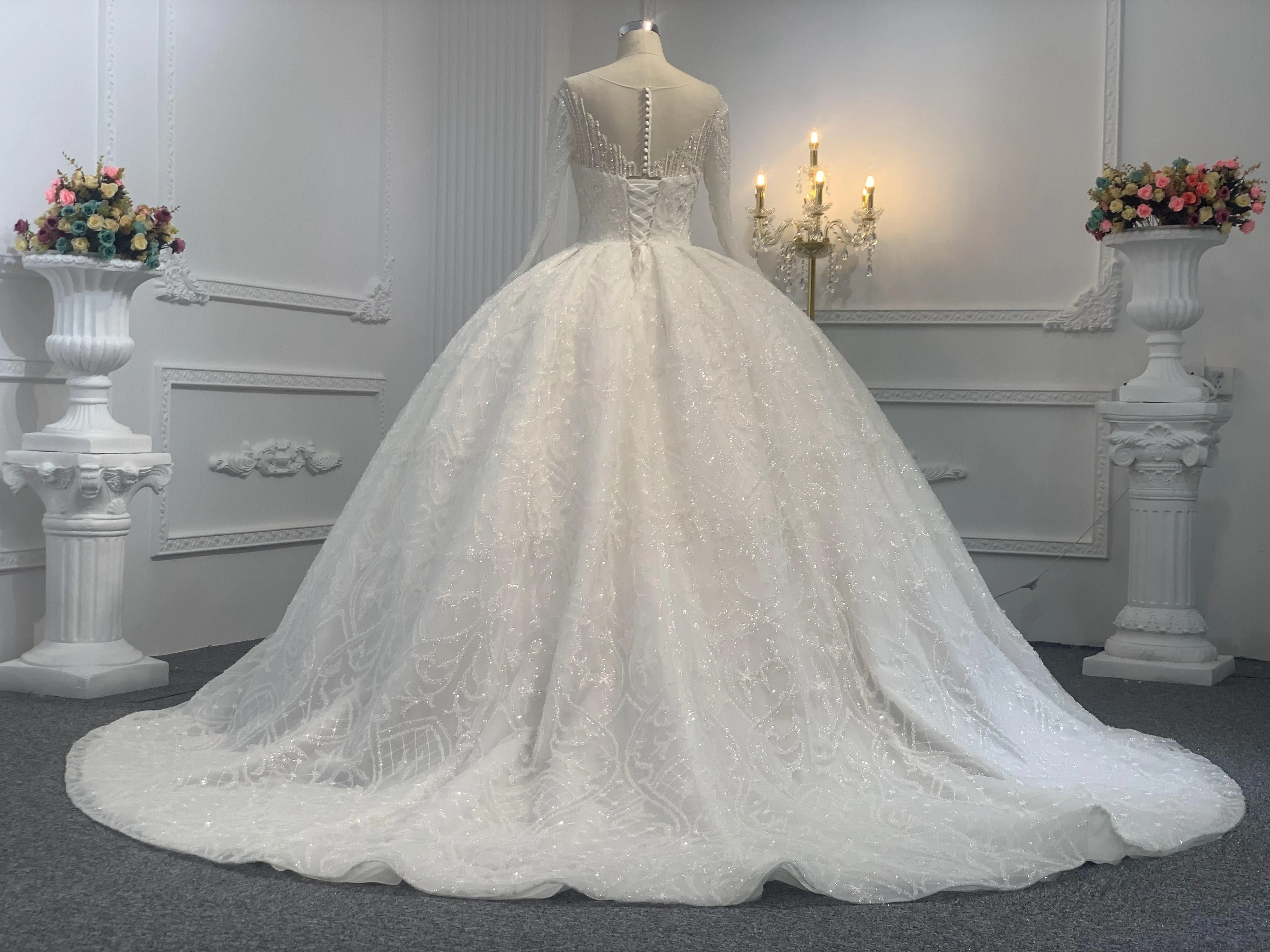 B234- BYG Ivory long sleeves beading lace full of skirt wedding ball gown