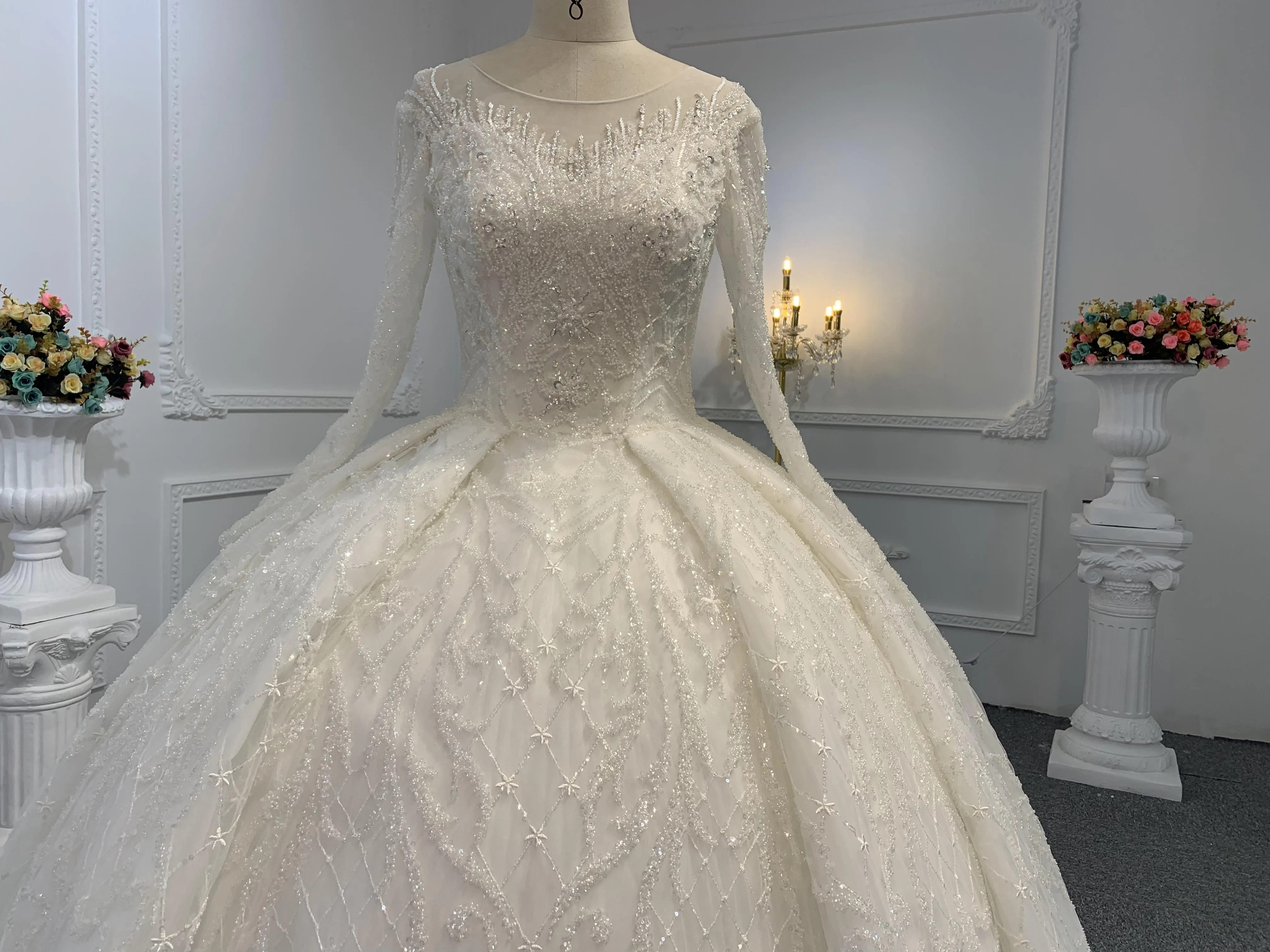 B234- BYG Ivory long sleeves beading lace full of skirt wedding ball gown