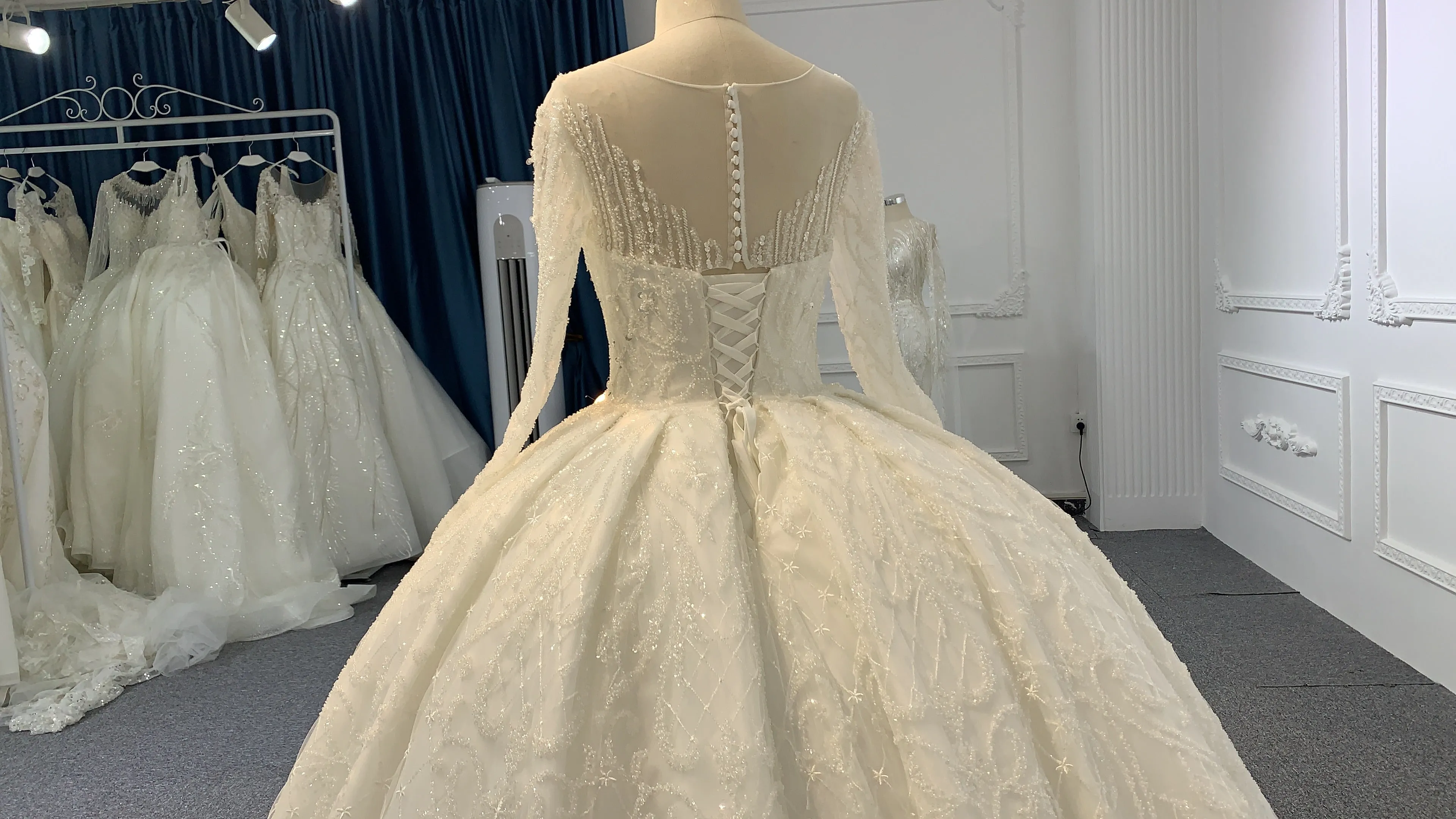 B234- BYG Ivory long sleeves beading lace full of skirt wedding ball gown