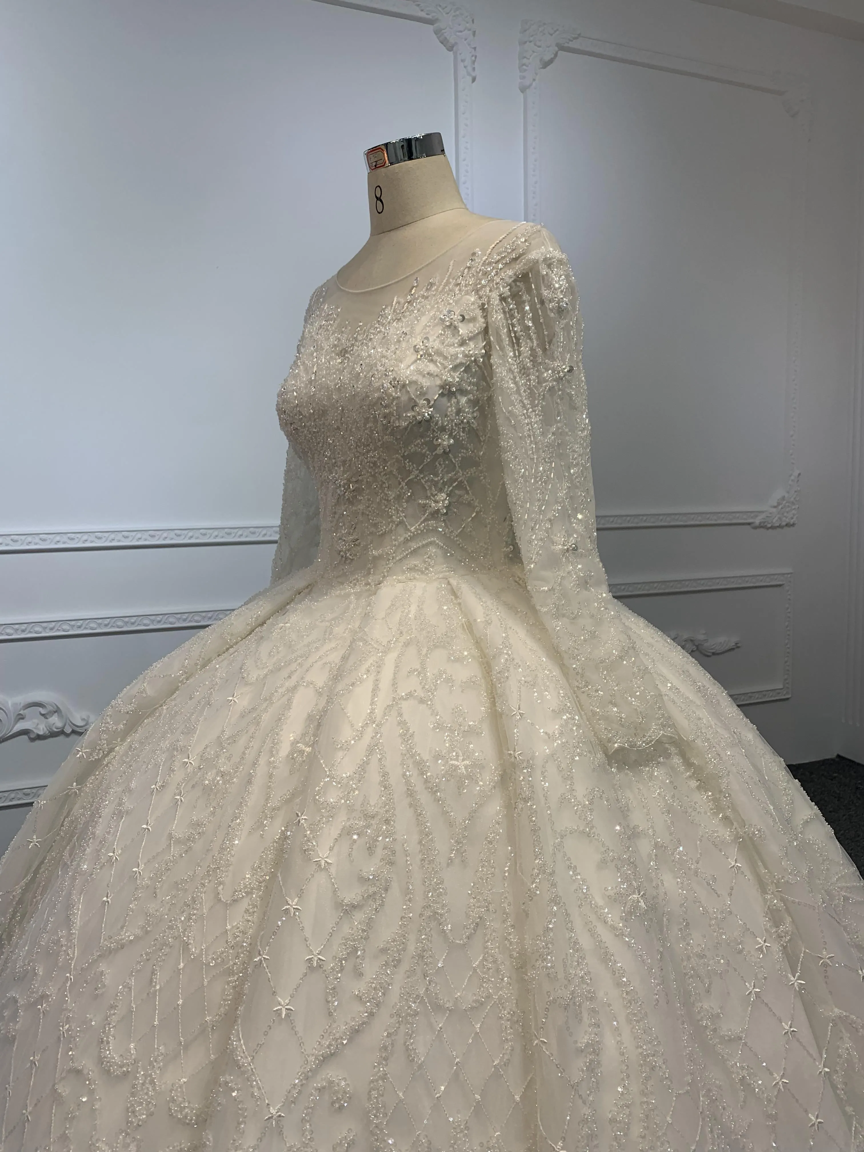 B234- BYG Ivory long sleeves beading lace full of skirt wedding ball gown