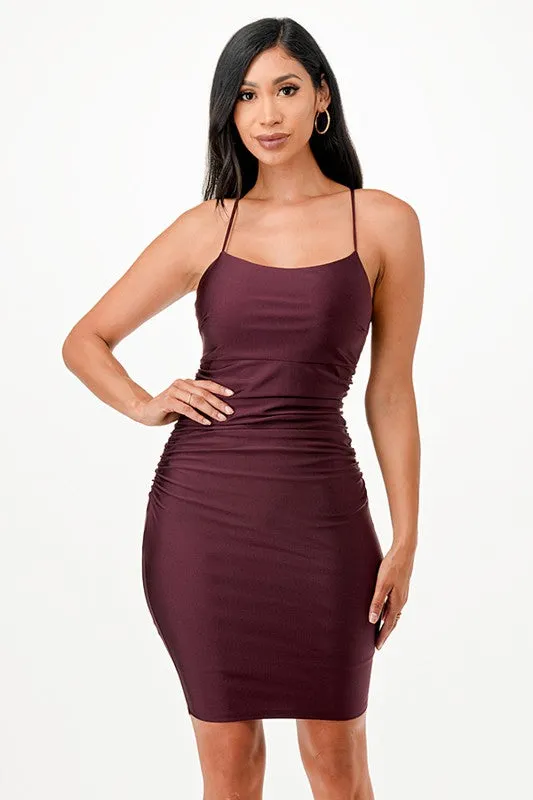 Back lace up short dress with waist shirring