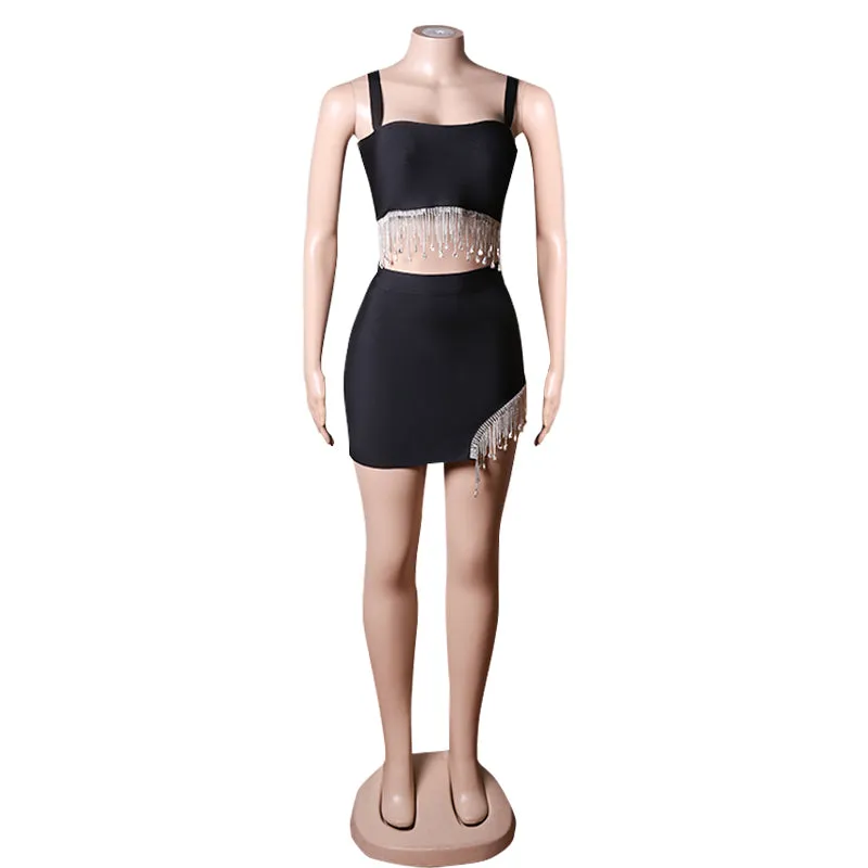 Backless Diamonds Crystal Tassel Black Mini Bandage Set