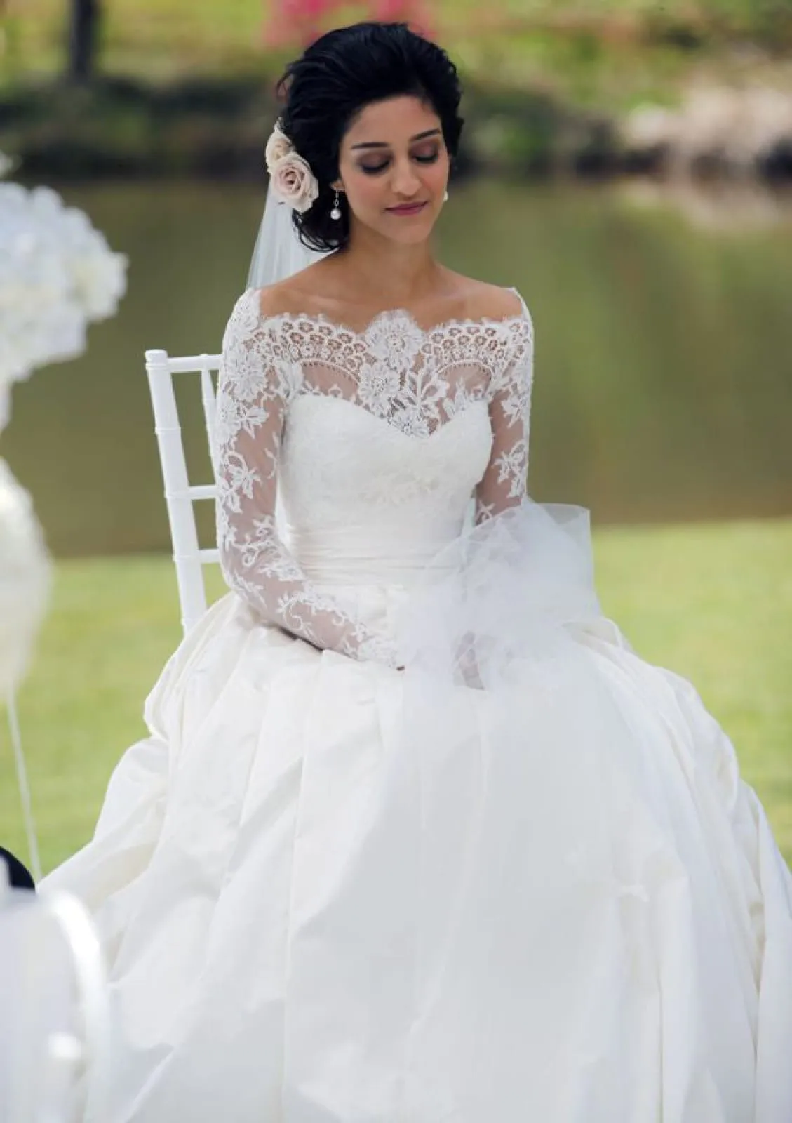 Ball Gown Off Shoulder Lace Long Sleeve Sweep Satin Bridal Dress, Pleats