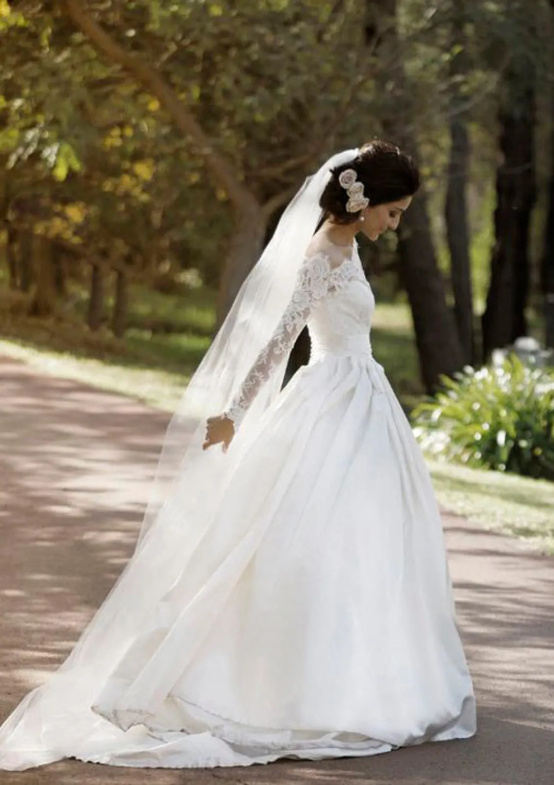 Ball Gown Off Shoulder Lace Long Sleeve Sweep Satin Bridal Dress, Pleats