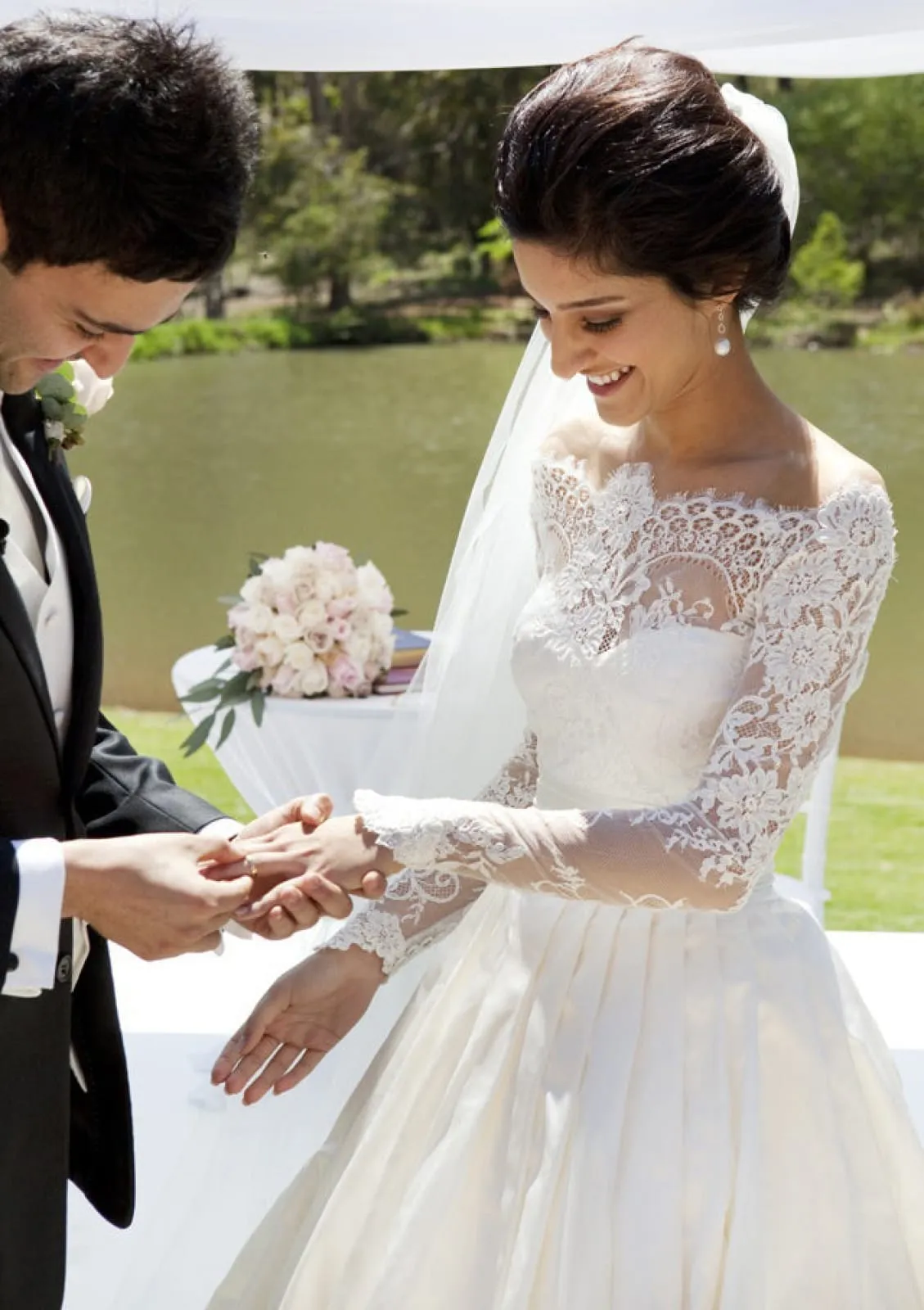 Ball Gown Off Shoulder Lace Long Sleeve Sweep Satin Bridal Dress, Pleats