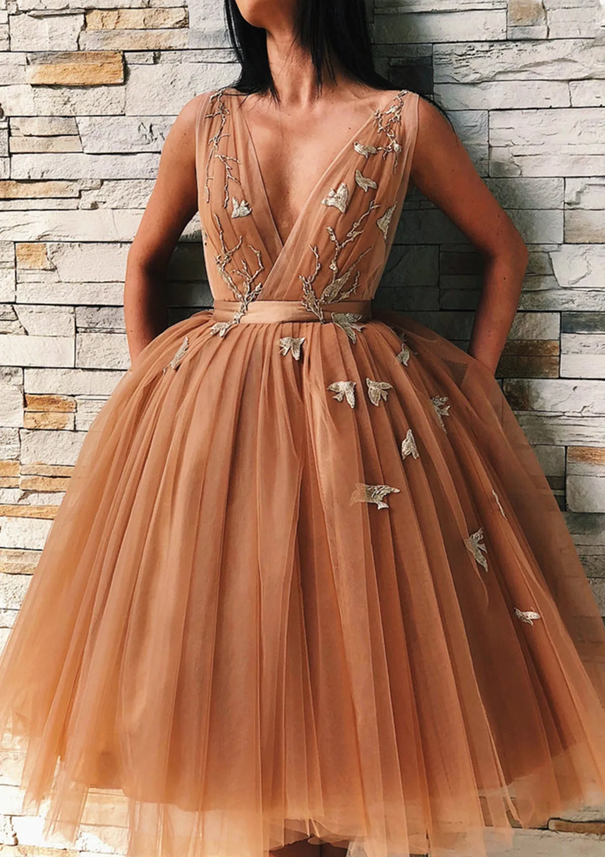 Ball Gown V Neck Knee-Length Brown Tulle Homecoming Dress, Embroidery