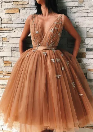 Ball Gown V Neck Knee-Length Brown Tulle Homecoming Dress, Embroidery