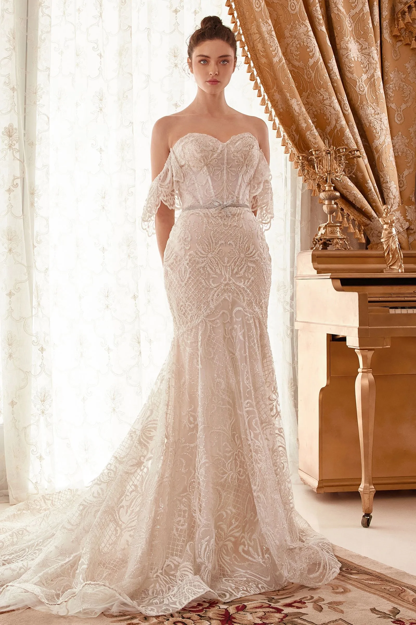 Baroque Motif Glitter Printed Off The Shoulder Mermaid Bridal Gown