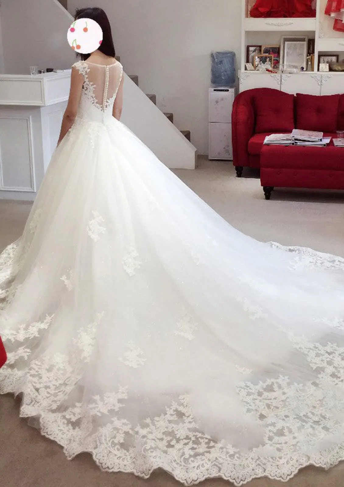 Bateau Cap Sleeve Cathedral Lace Tulle Princess Wedding Dress