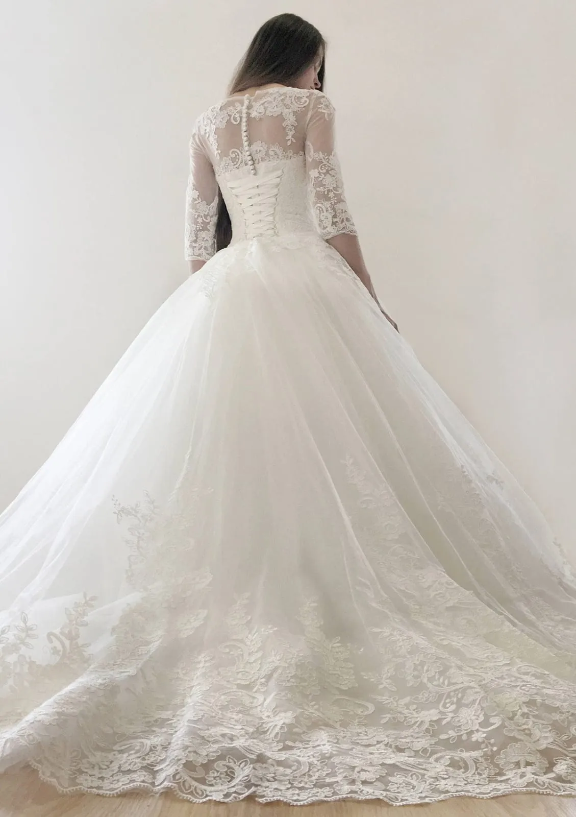 Bateau Half Sleeve Ball Gown Court Lace Tulle Wedding Dress