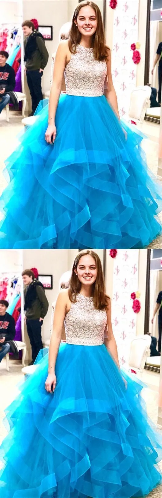 Beading Organza Ruffles Ice Blue Ball Gown Prom Dress OKE57