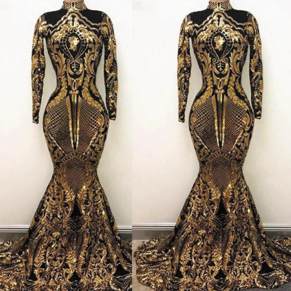 black and gold evening dresses long sleeve high neck vintage sparkly sequin appliqué evening gown