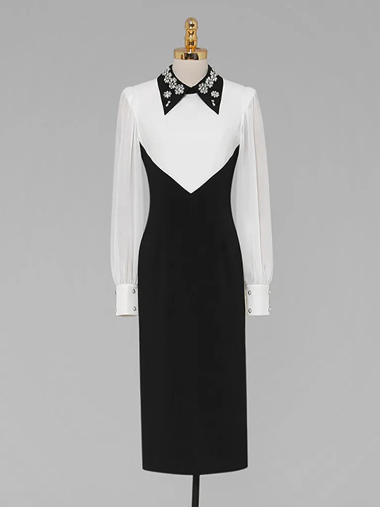 Black And White Embroidered Drill Long Sleeve Vintage 1940S Dress