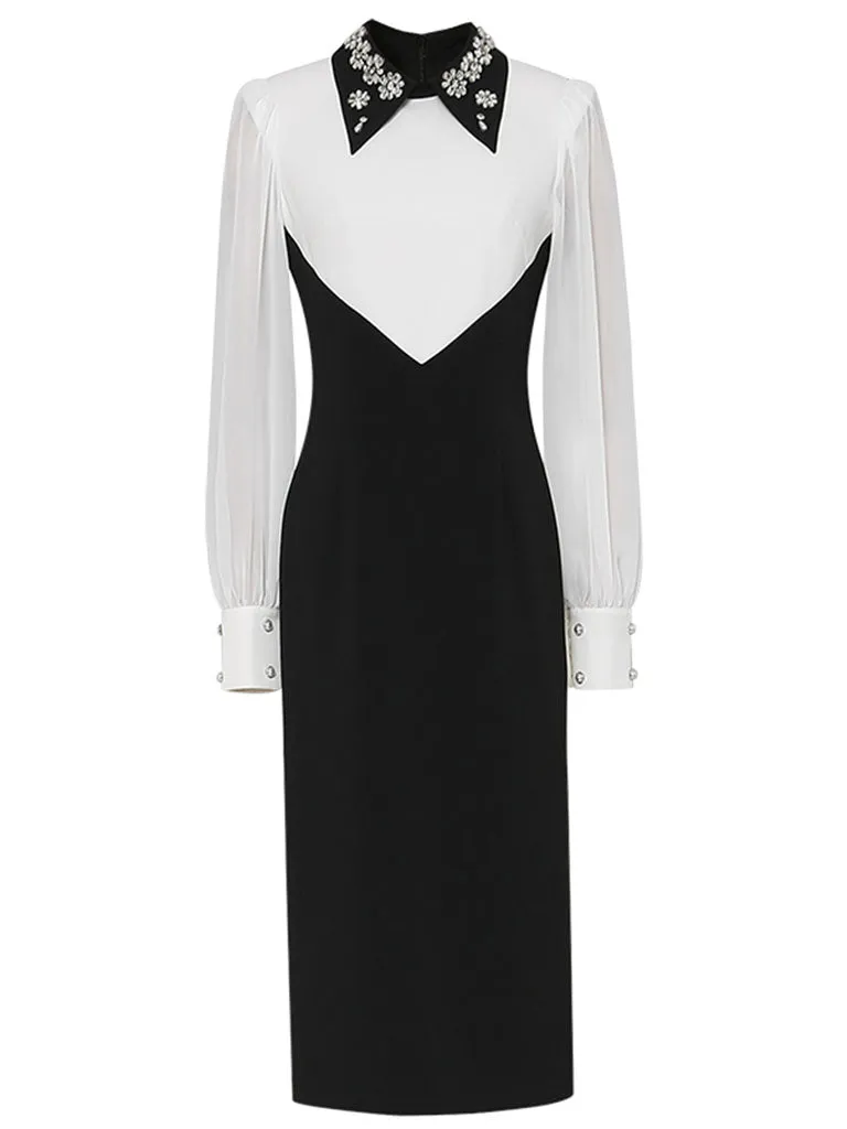 Black And White Embroidered Drill Long Sleeve Vintage 1940S Dress