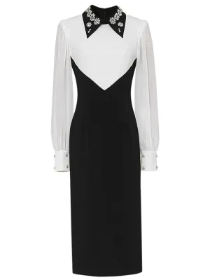 Black And White Embroidered Drill Long Sleeve Vintage 1940S Dress