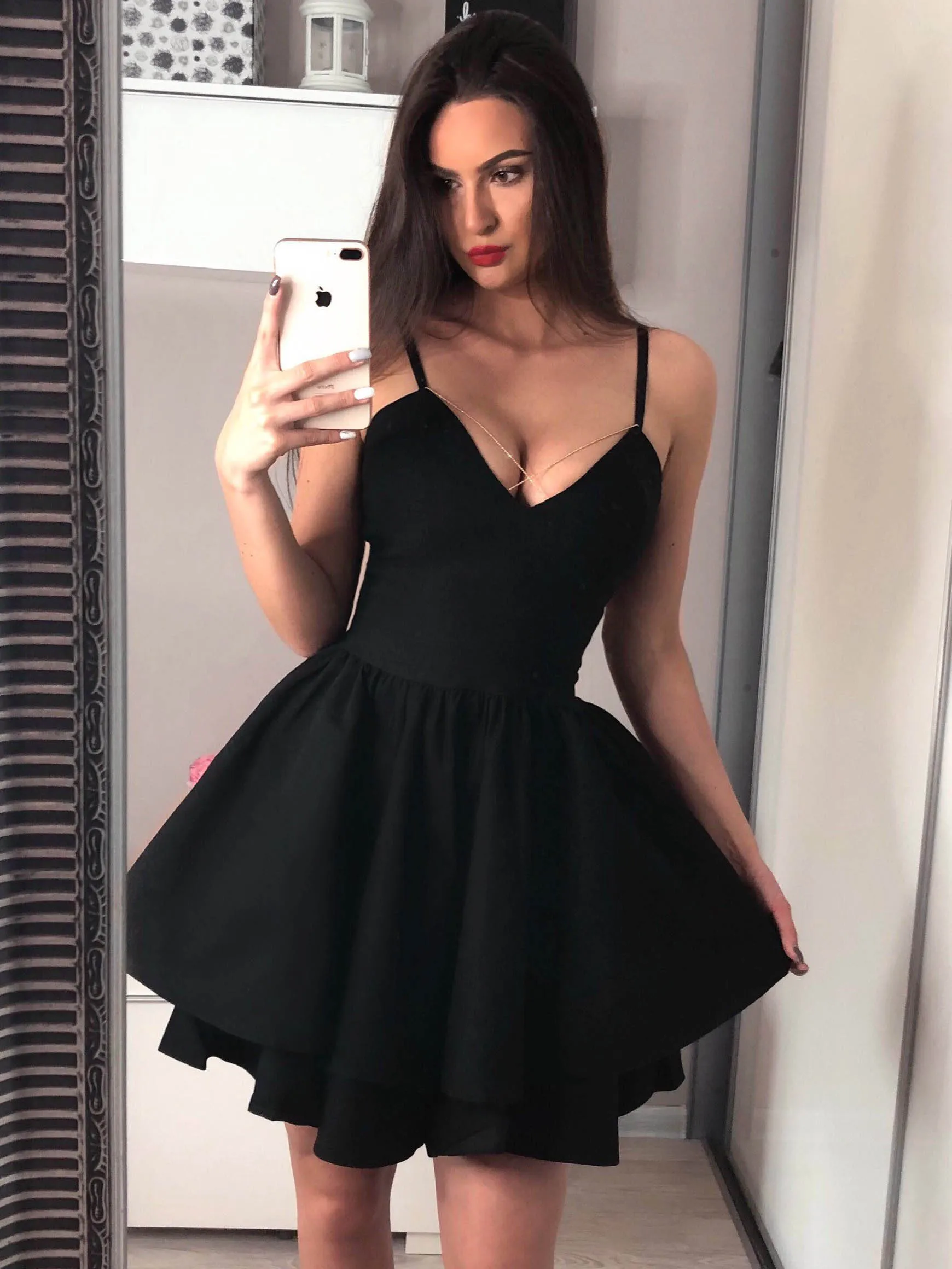 Black Popular Spaghetti Strap Simple Cheap Short Homecoming Dresses, BH111