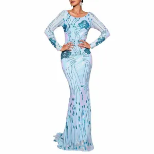 Blue Long Sleeve Prom Dress Body-con Sequined Formal Event Dress