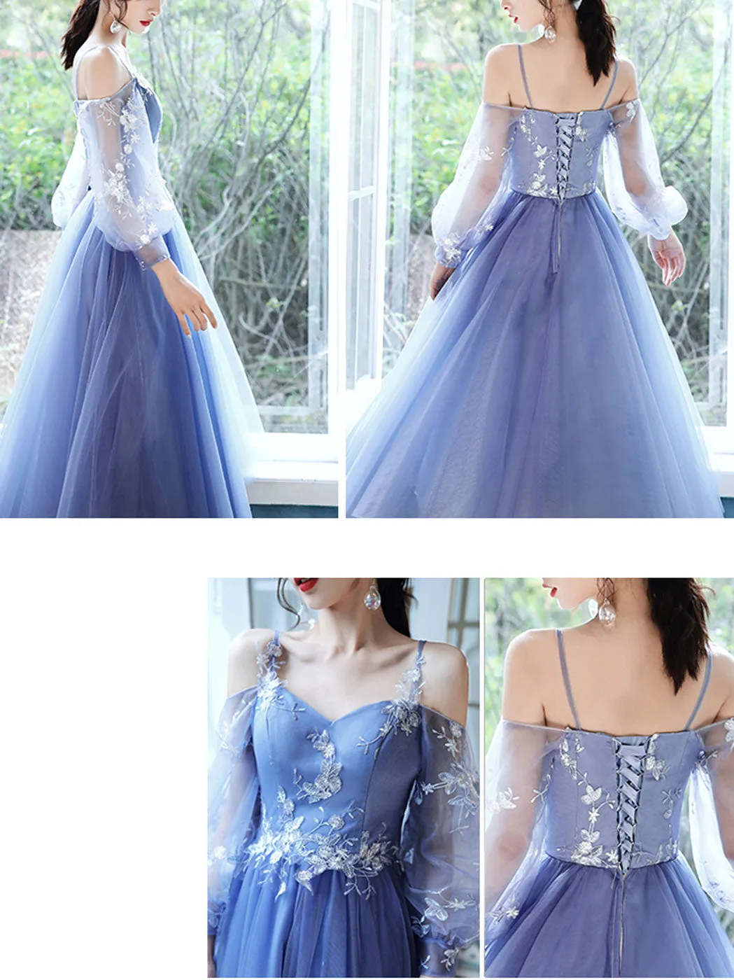 Blue long sleeves tea length prom dress blue lace bridesmaid dress