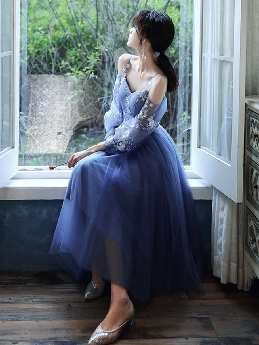 Blue long sleeves tea length prom dress blue lace bridesmaid dress