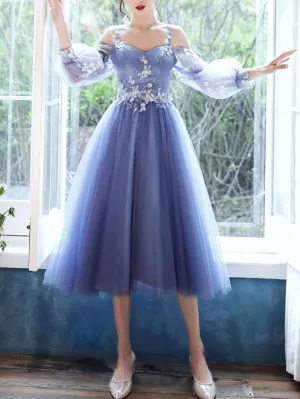 Blue long sleeves tea length prom dress blue lace bridesmaid dress