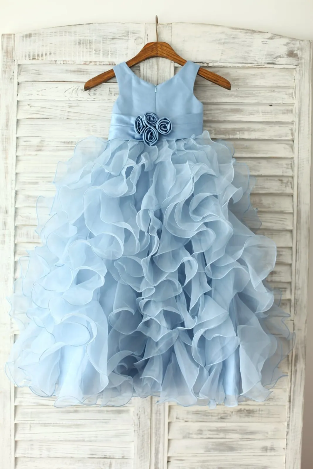 Blue Satin Ruffle Organza Skirt TUTU Princess Flower Girl Dress