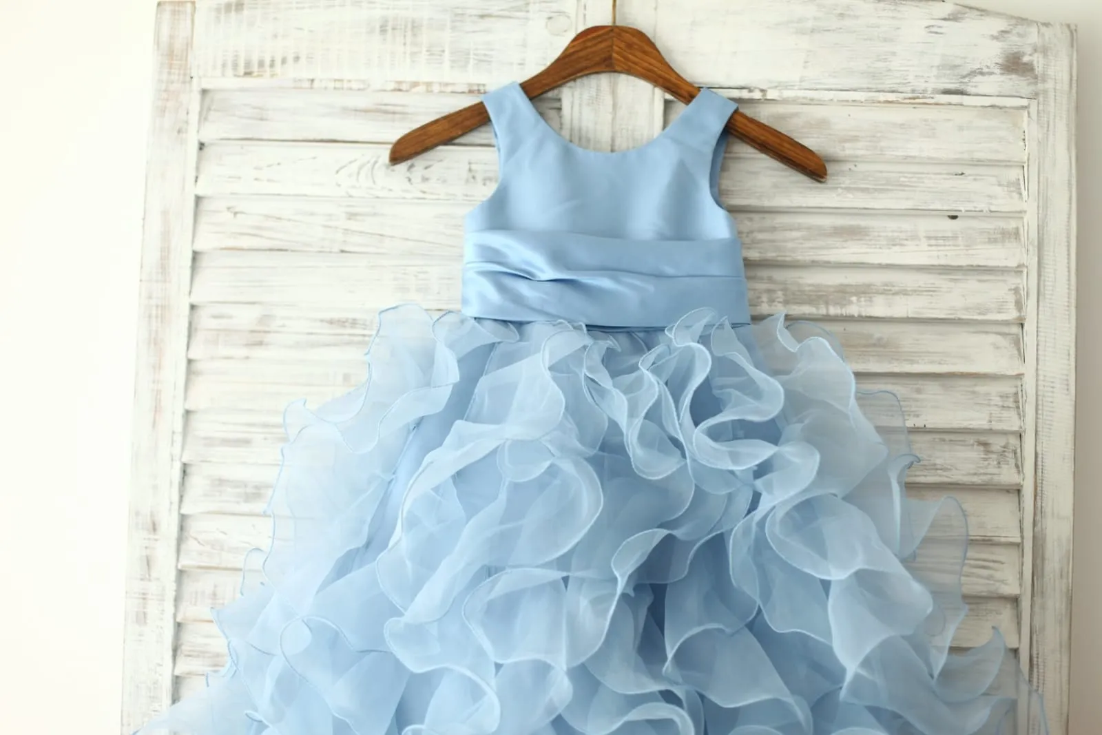 Blue Satin Ruffle Organza Skirt TUTU Princess Flower Girl Dress