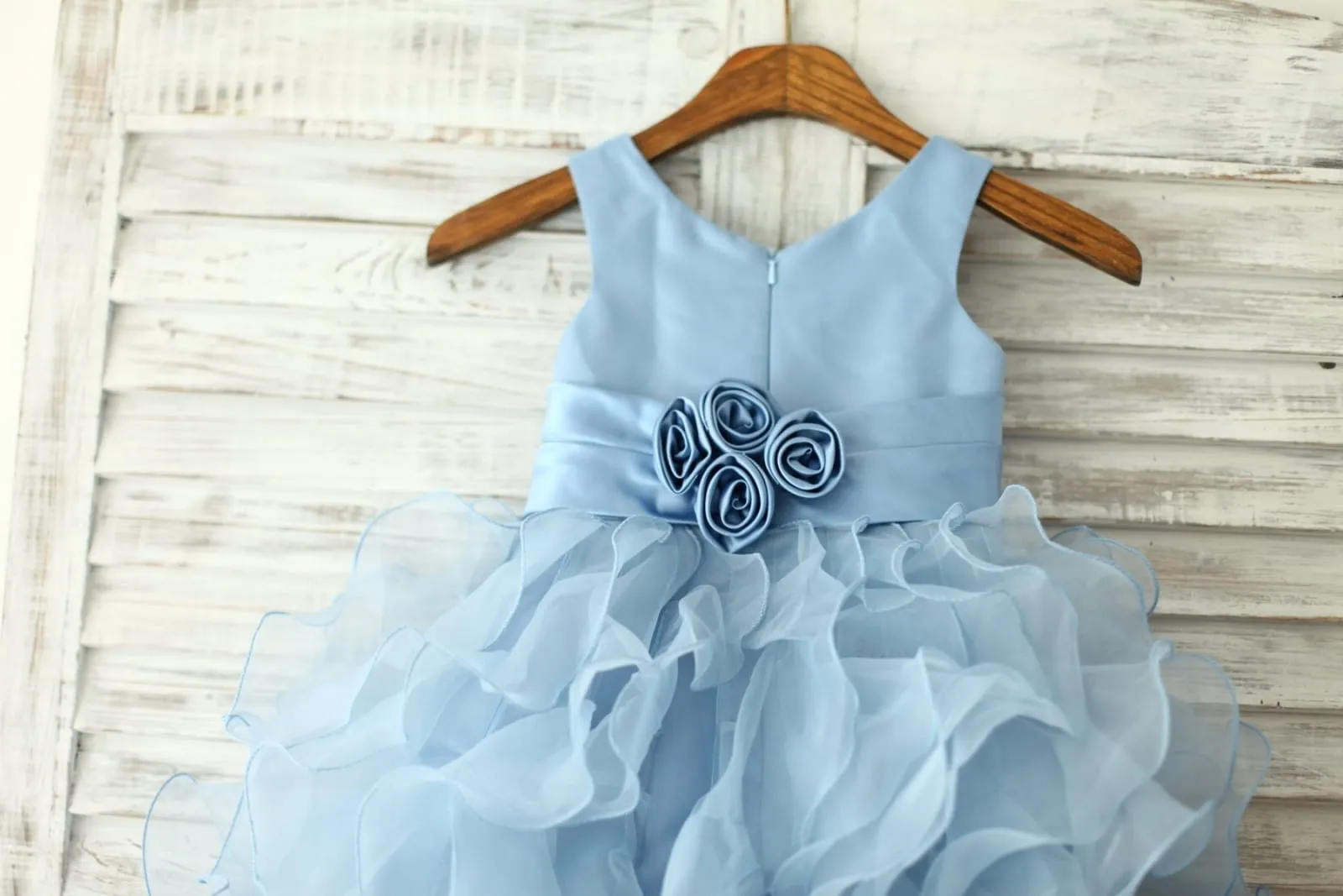 Blue Satin Ruffle Organza Skirt TUTU Princess Flower Girl Dress