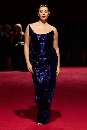 Blue Sequin Strapless Corset Draped Gown