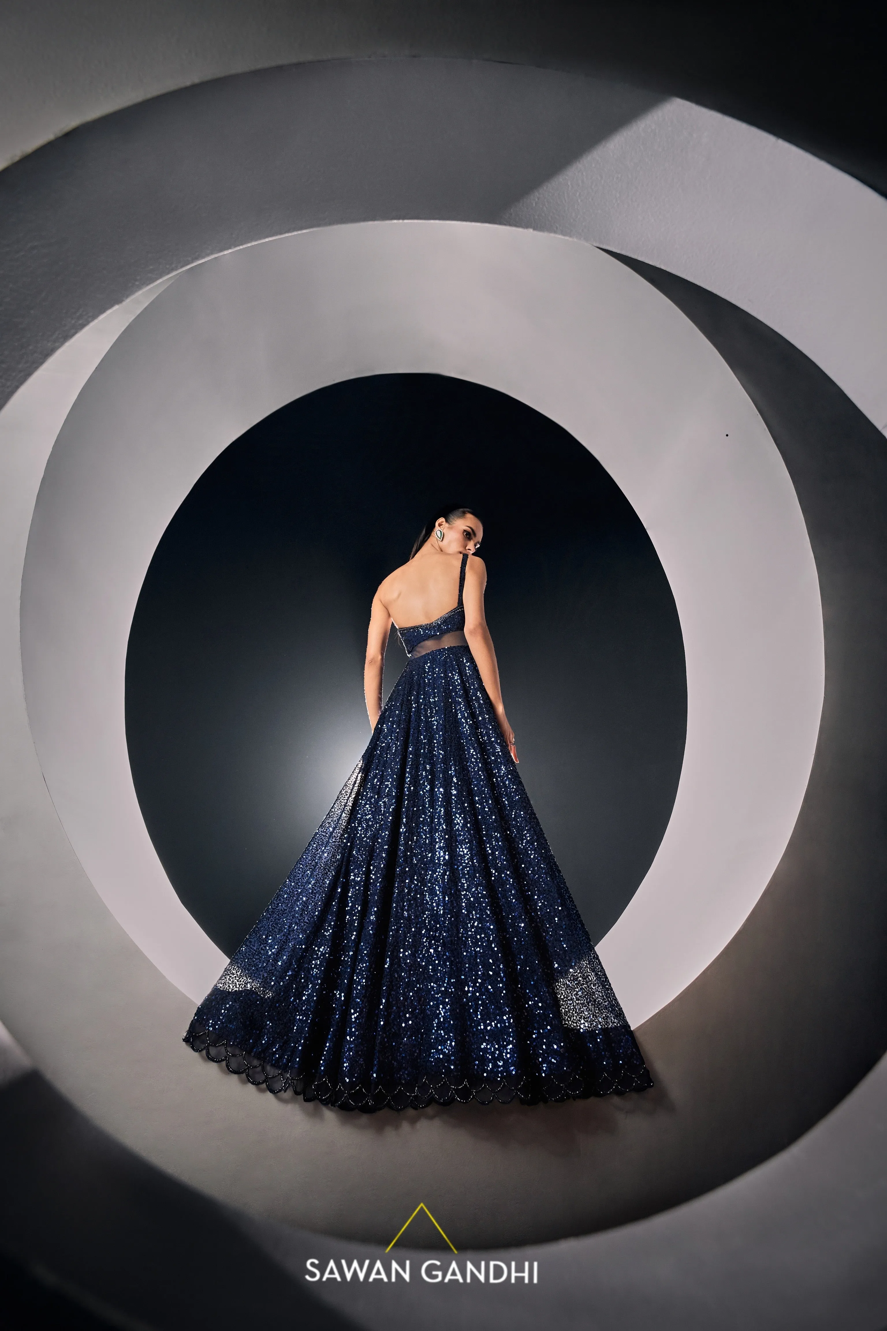 Blue sequins one shoulder gown